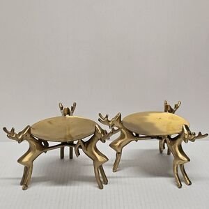 Vintage Brass Deers Candle Holder Set 3 Reindeers Holding Tray MCM